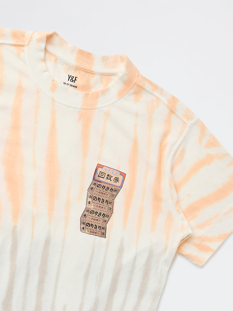 Y&F Kids Boys Orange Tie-Dye Pattern Cotton T-Shirt