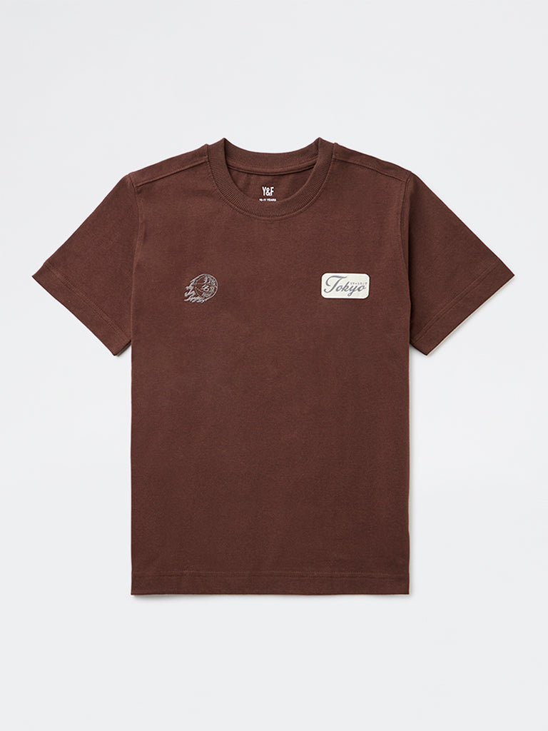 Y&F Kids Boys Dark Brown Graphic Printed Cotton T-Shirt