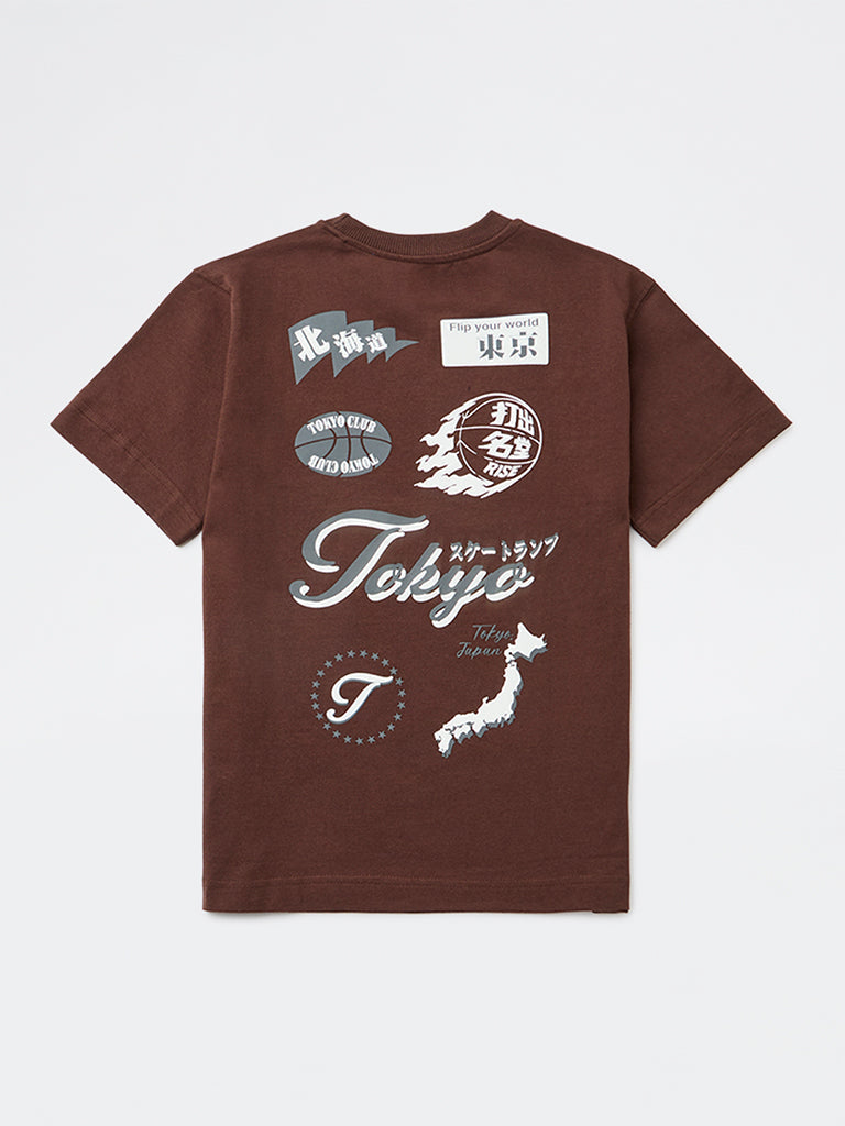 Y&F Kids Boys Dark Brown Graphic Printed Cotton T-Shirt