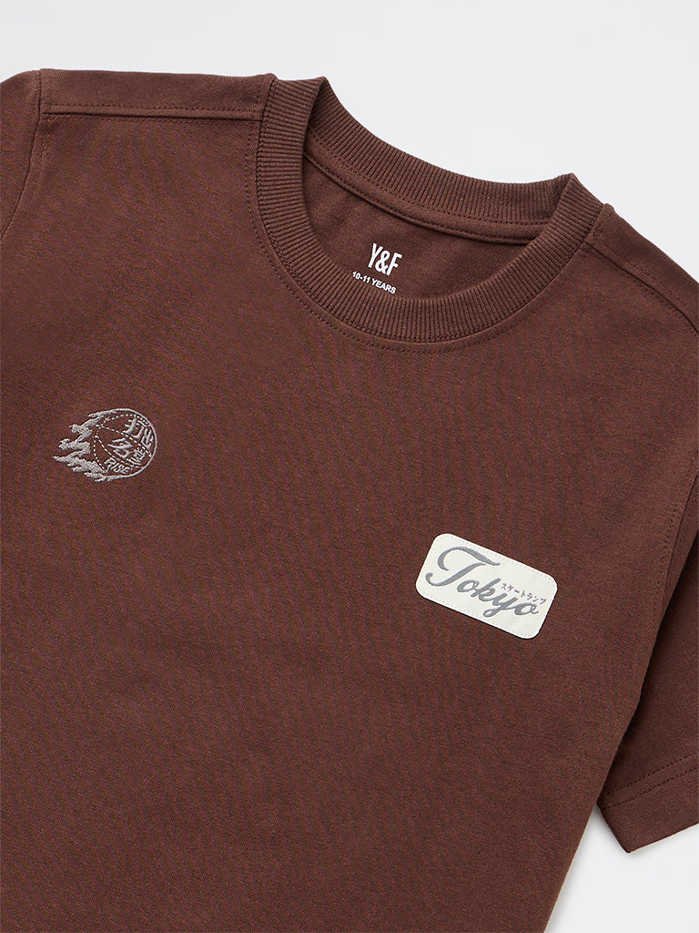 Y&F Kids Boys Dark Brown Graphic Printed Cotton T-Shirt
