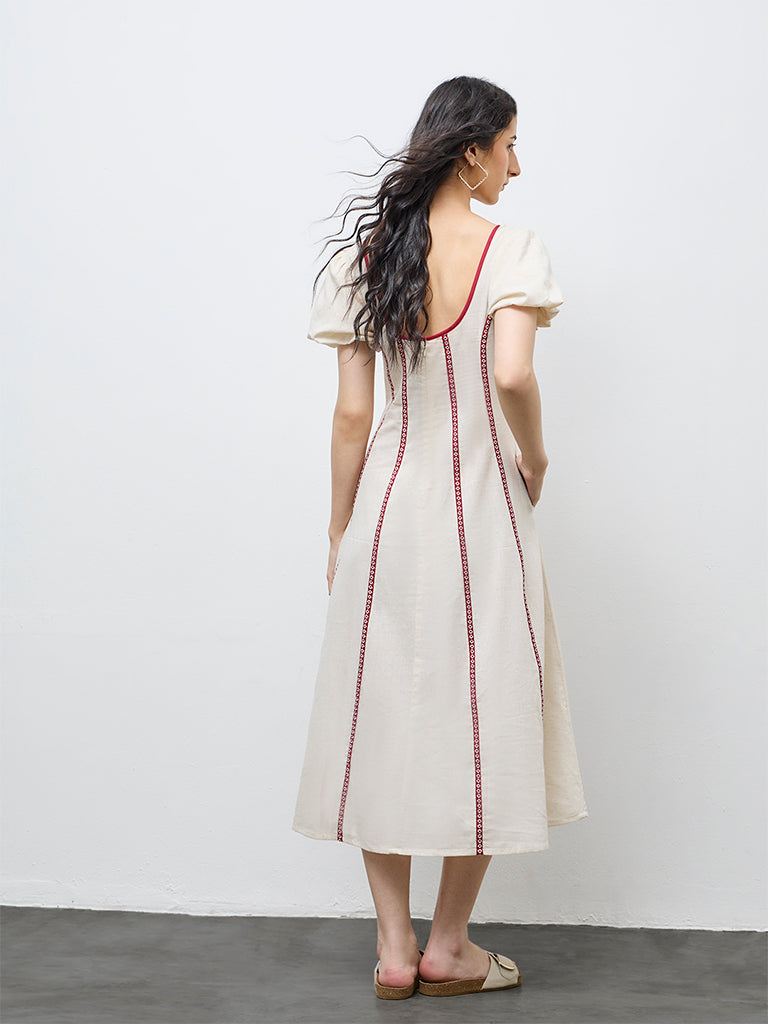 Bombay Paisley Off-White Striped Cotton-Blend A-Line Dress