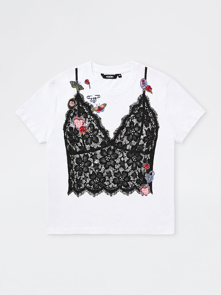 Nuon White Graphic Printed Cotton-Blend T-Shirt