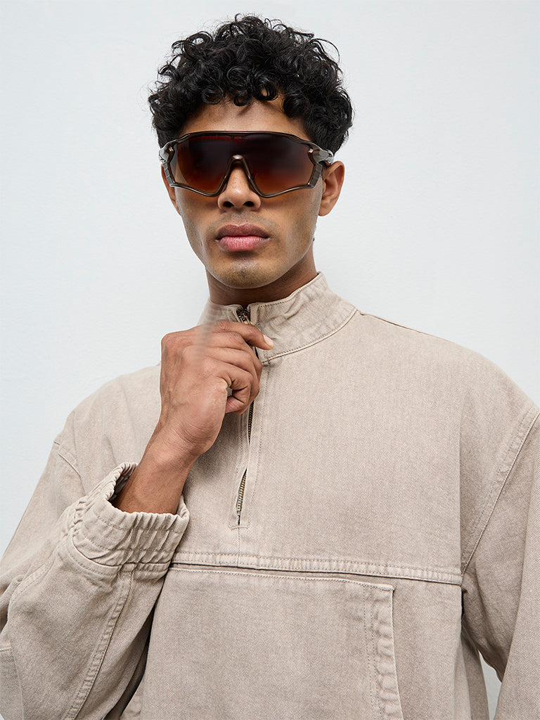 Nuon Taupe Relaxed-Fit Denim Sweatshirt
