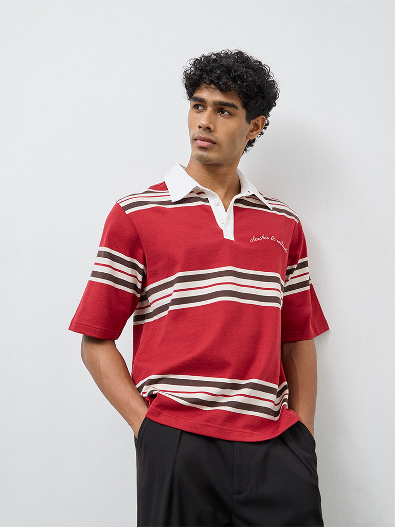 Nuon Red Striped Relaxed-Fit Polo T-Shirt