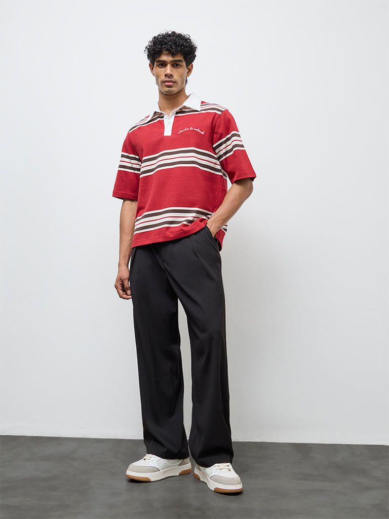Nuon Red Striped Relaxed-Fit Polo T-Shirt