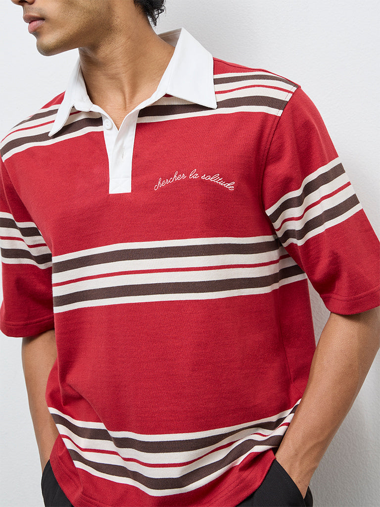 Nuon Red Striped Relaxed-Fit Polo T-Shirt
