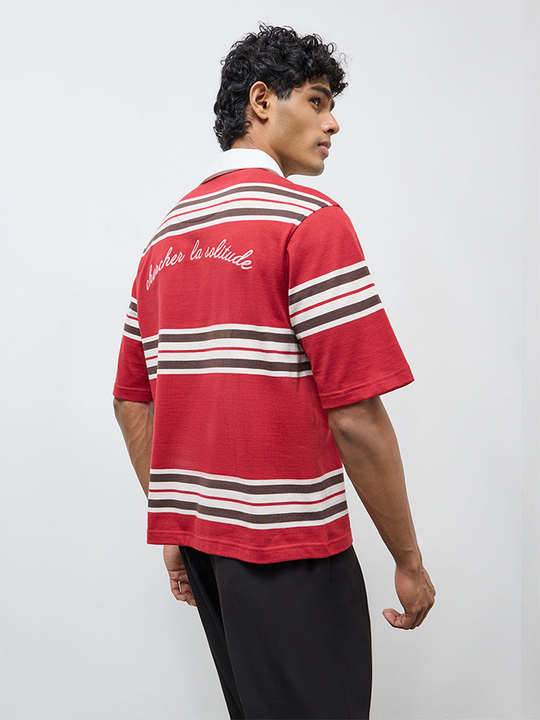 Nuon Red Striped Relaxed-Fit Polo T-Shirt
