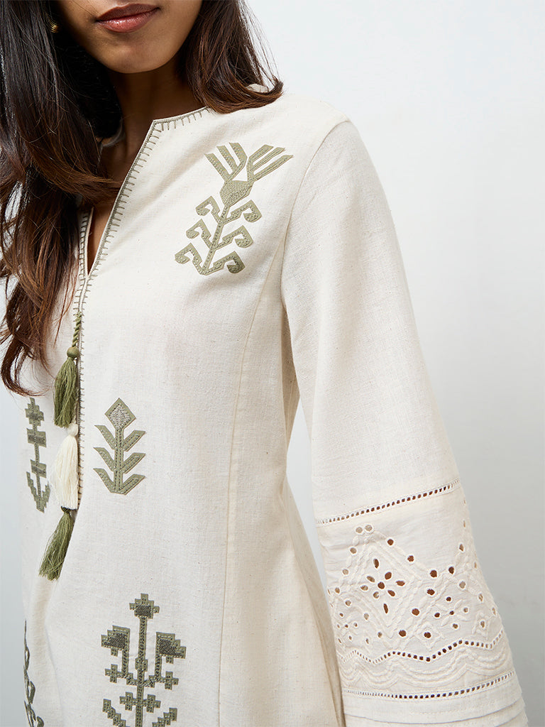 Utsa Beige Embroidered Cotton-Blend A-Line Kurta