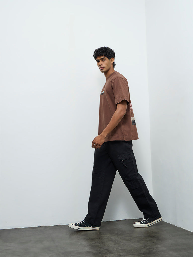 Nuon Brown Printed Relaxed-Fit Cotton T-Shirt