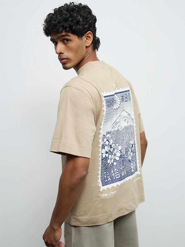 Nuon Beige Printed Relaxed-Fit Cotton T-Shirt