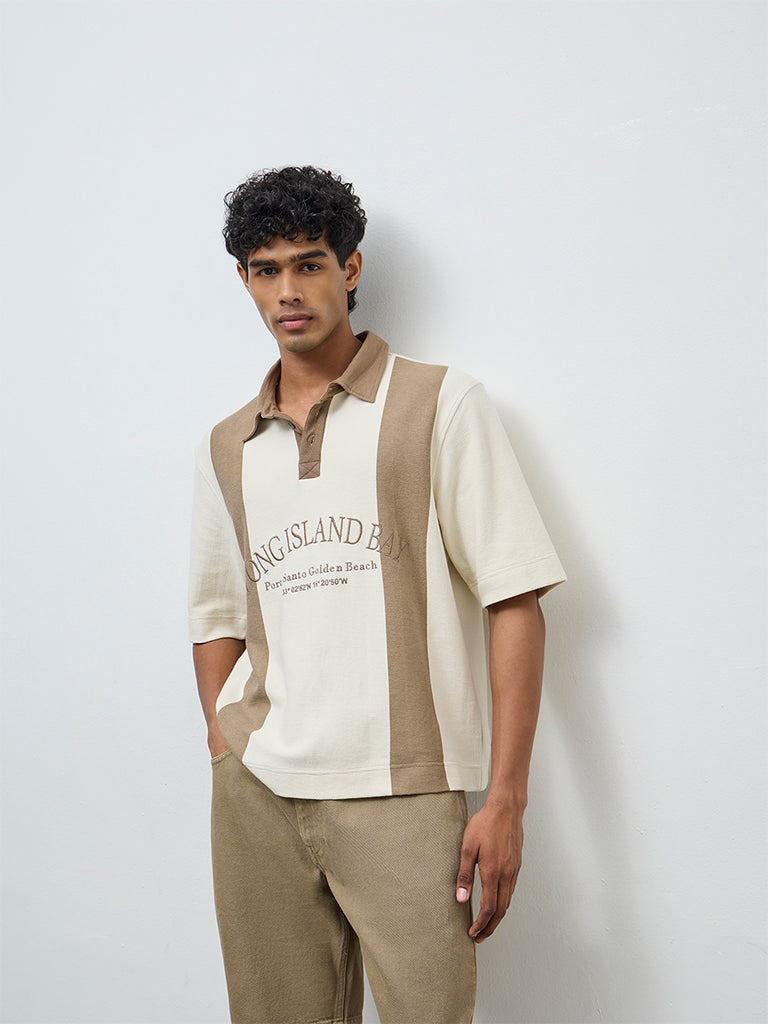 Nuon Taupe Color-Blocked Relaxed-Fit Cotton Polo T-Shirt