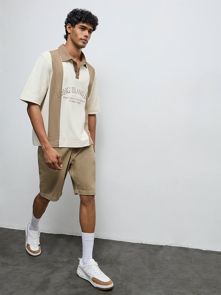 Nuon Taupe Color-Blocked Relaxed-Fit Polo T-Shirt