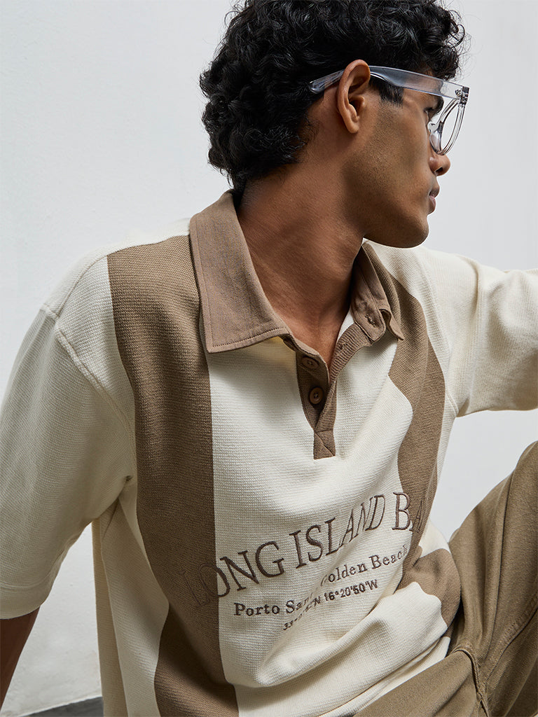 Nuon Taupe Color-Blocked Relaxed-Fit Polo T-Shirt