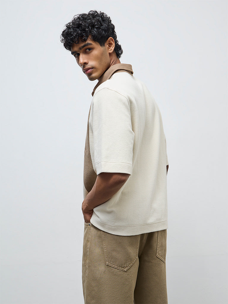 Nuon Taupe Color-Blocked Relaxed-Fit Polo T-Shirt