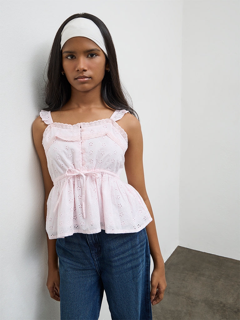 Y&F Kids Girls Light Pink Schiffli Embroidered Cotton Top