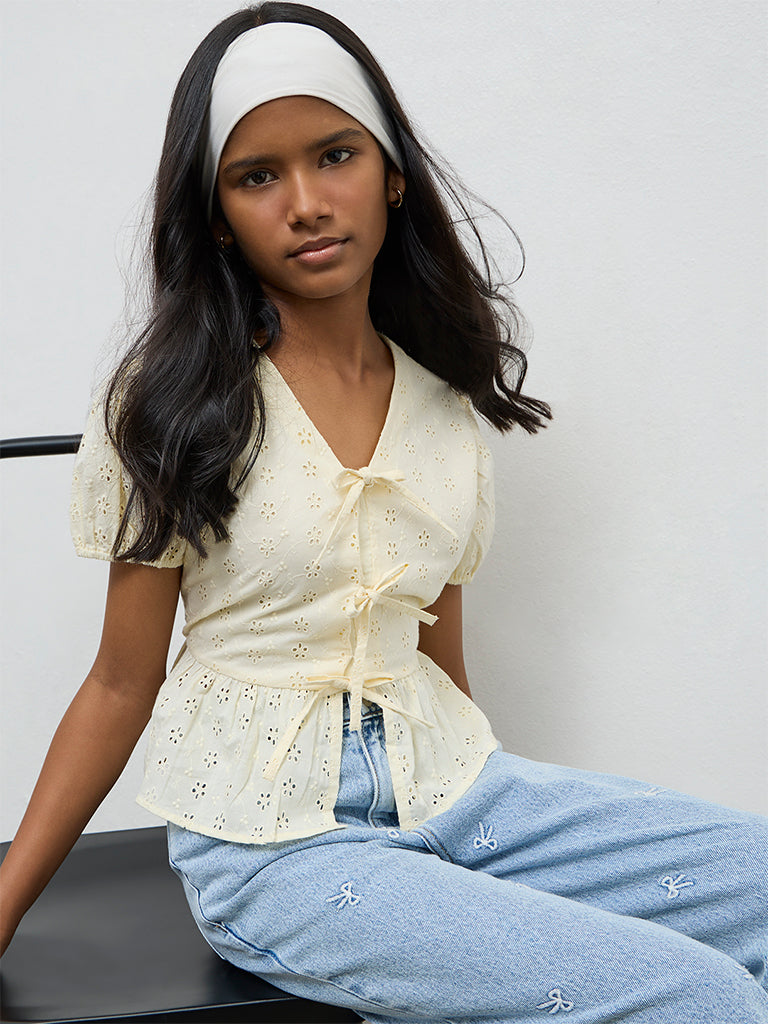 Y&F Kids Girls Yellow Schiffli Embroidered Cotton Top