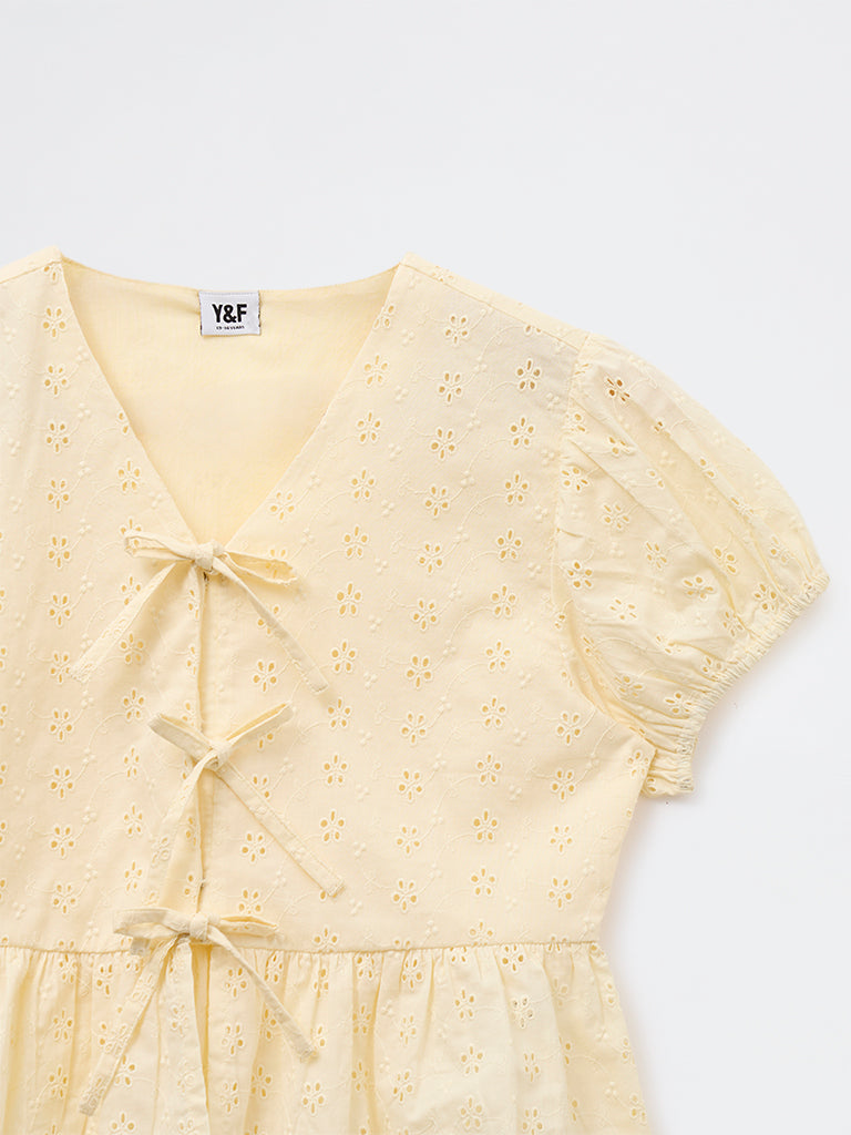 Y&F Kids Girls Yellow Schiffli Embroidered Cotton Top