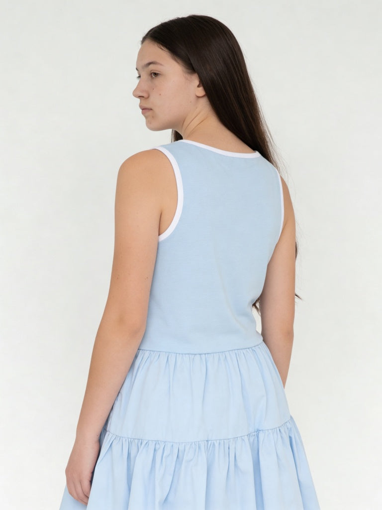 Y&F Kids Girls Blue Cotton-Blend Tiered Dress