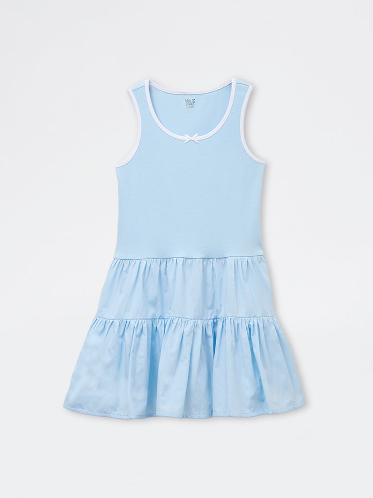 Y&F Kids Girls Blue Cotton-Blend Tiered Dress
