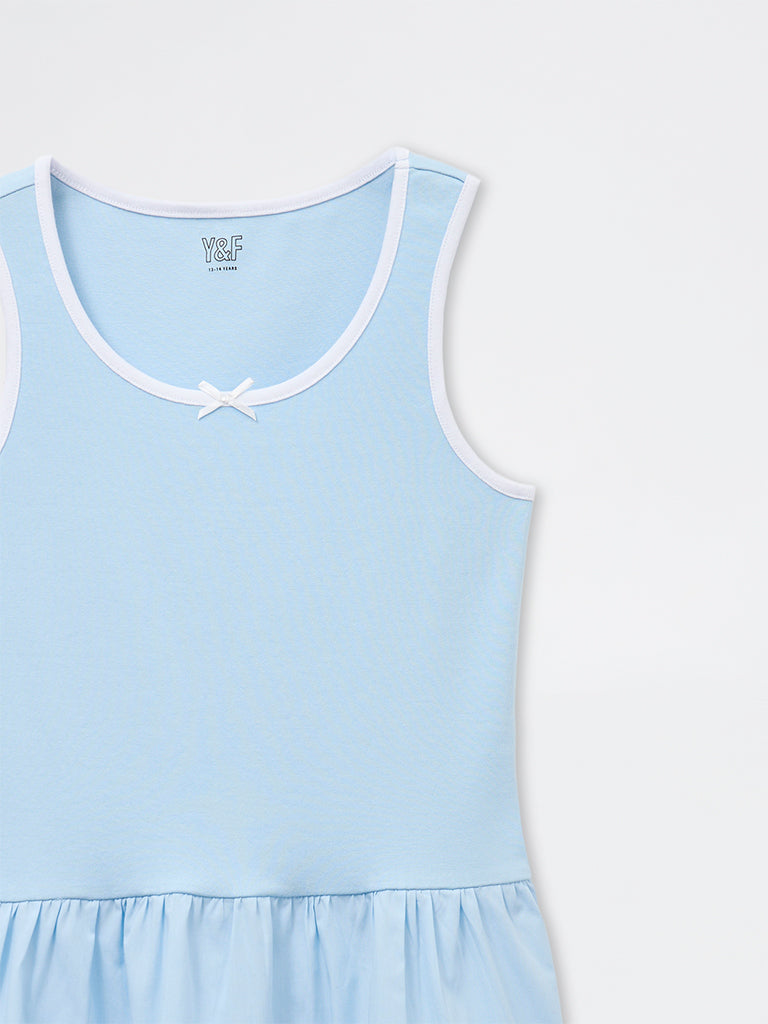 Y&F Kids Girls Blue Cotton-Blend Tiered Dress