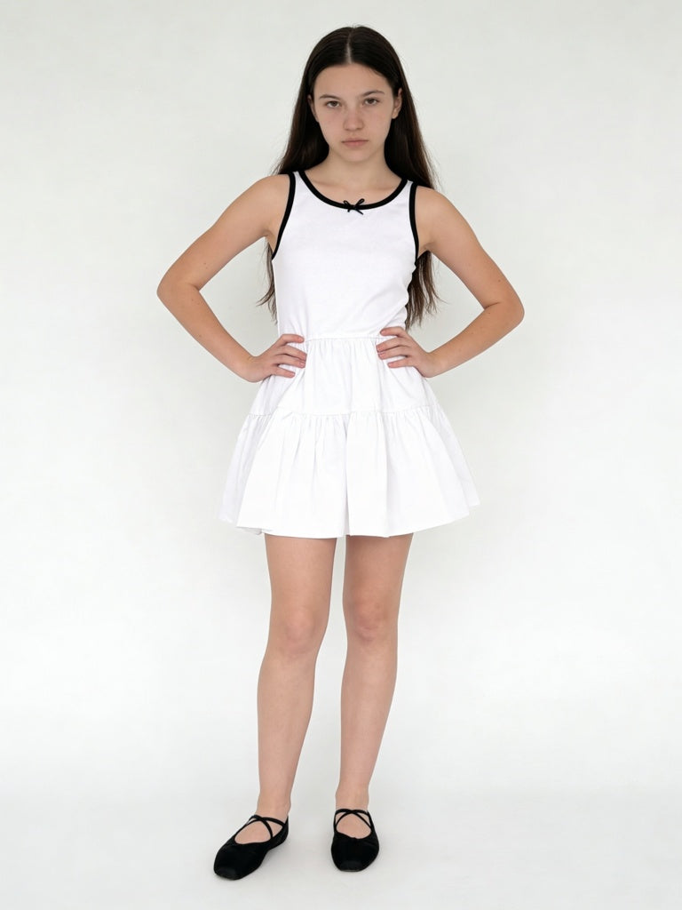 Y&F Kids Girls White Cotton-Blend Tiered Dress
