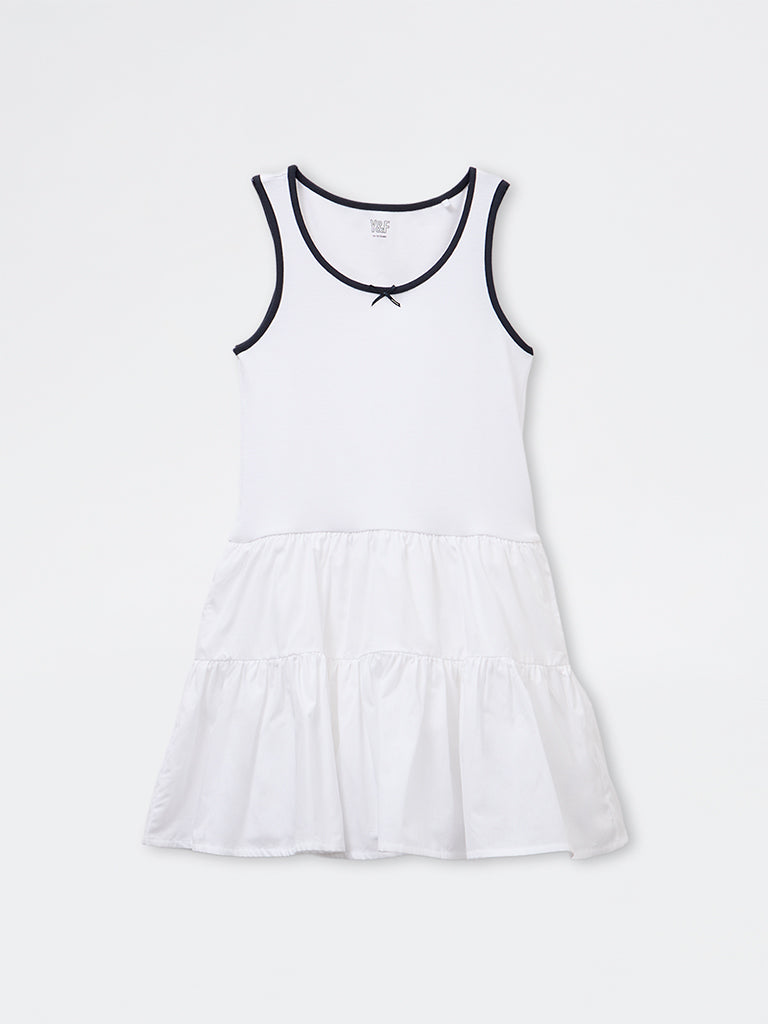 Y&F Kids Girls White Cotton-Blend Tiered Dress