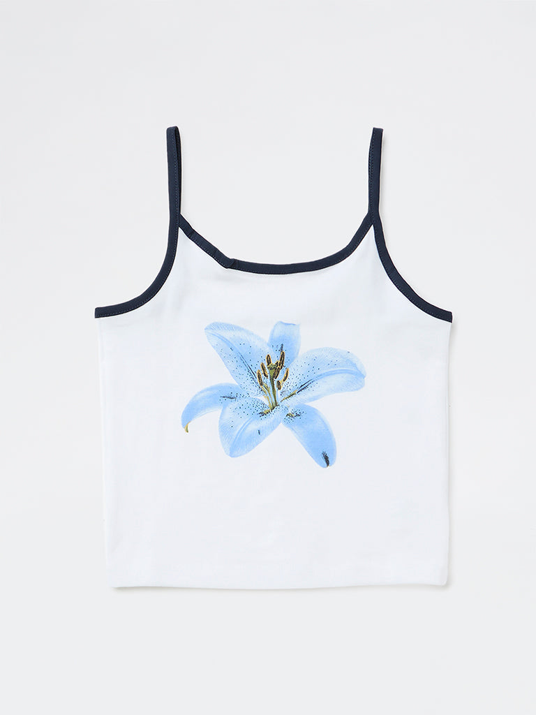 Y&F Kids Girls White Floral Design Cotton-Blend Top