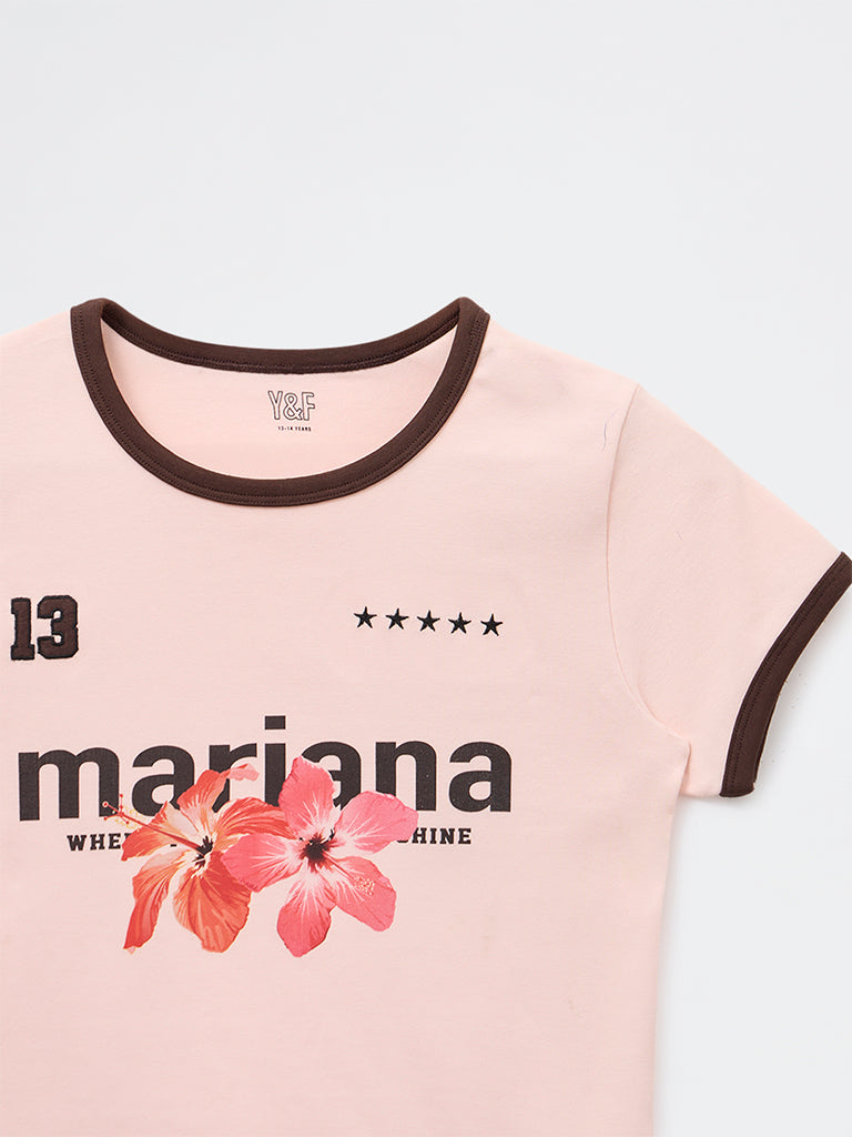 Y&F Kids Girls Pink Graphic Printed Cotton-Blend T-Shirt