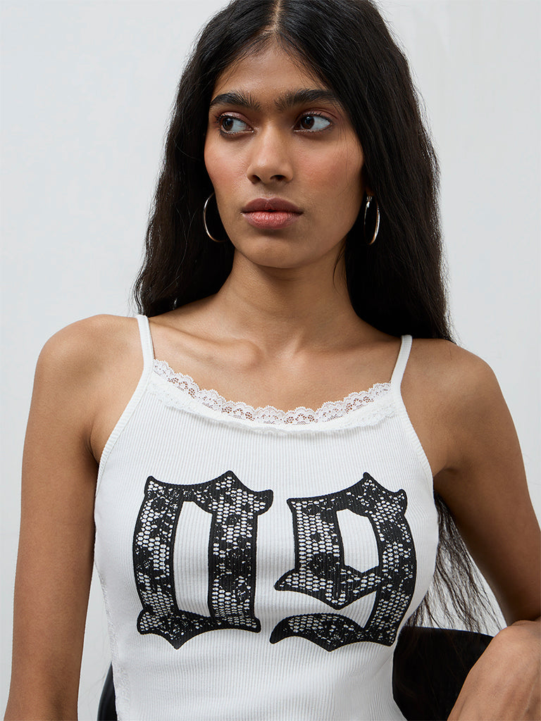 Nuon White Text Printed Cotton-Blend Top