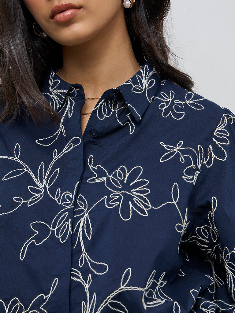 LOV Navy Floral Embroidered Cotton Shirt