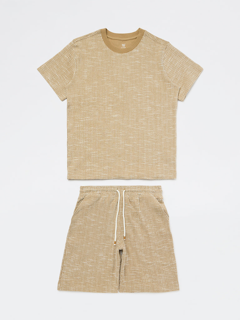 Y&F Kids Boys Light Brown Textured Cotton T-Shirt and Shorts Set