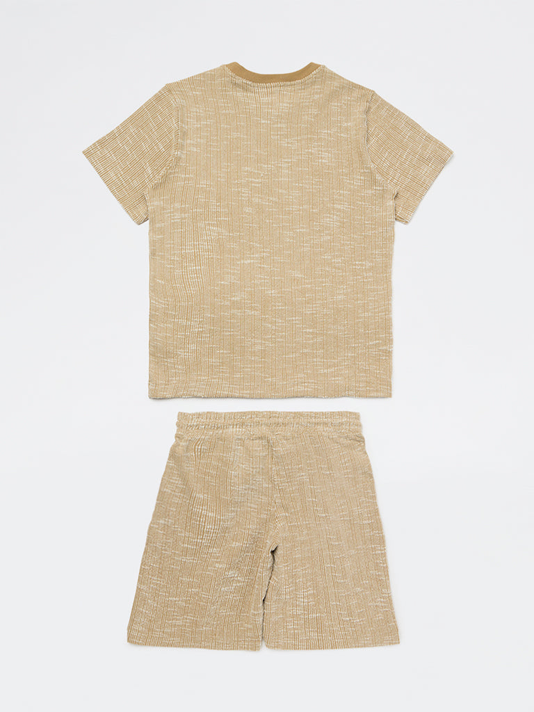 Y&F Kids Boys Light Brown Textured Cotton T-Shirt and Shorts Set