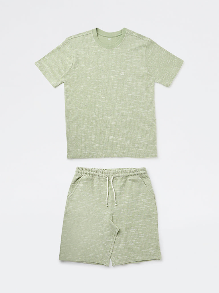 Y&F Kids Boys Sage Textured Cotton T-Shirt and Shorts Set