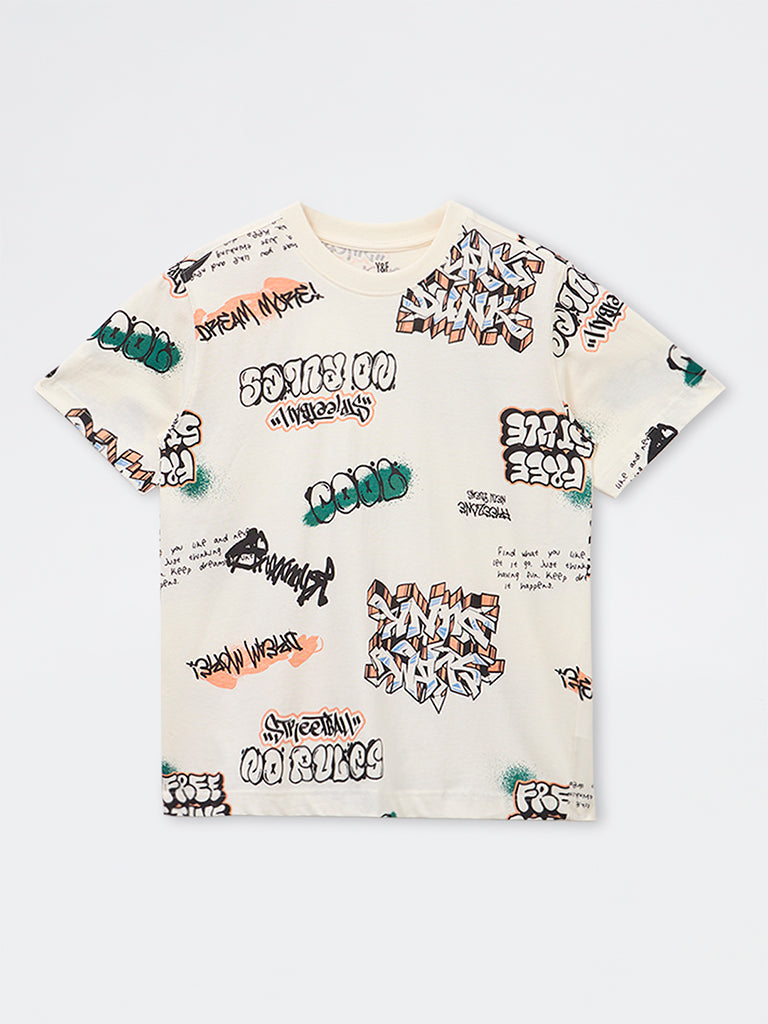Y&F Kids Boys Off-White Graphic Printed Cotton T-Shirt