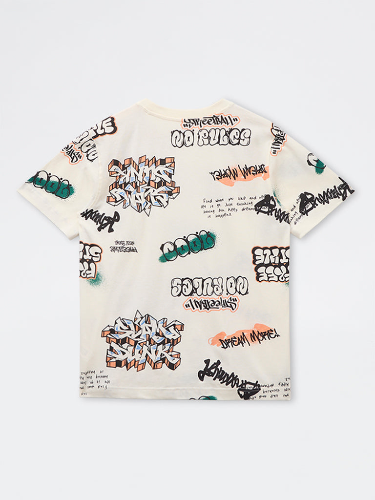 Y&F Kids Boys Off-White Graphic Printed Cotton T-Shirt