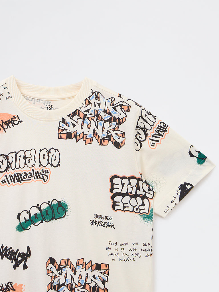 Y&F Kids Boys Off-White Graphic Printed Cotton T-Shirt