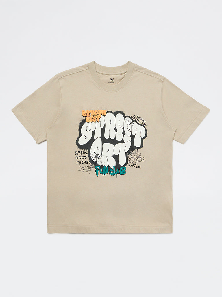 Y&F Kids Boys Taupe Printed Cotton T-Shirt