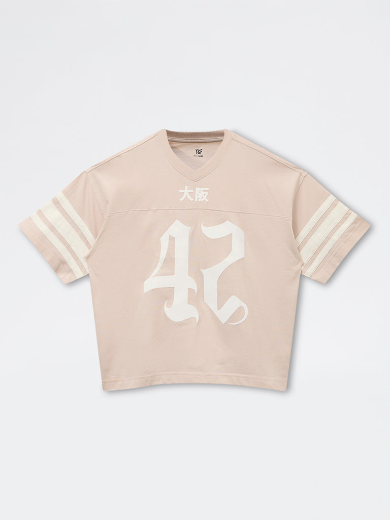 Y&F Kids Boys Light Beige Numerical Printed Cotton T-Shirt