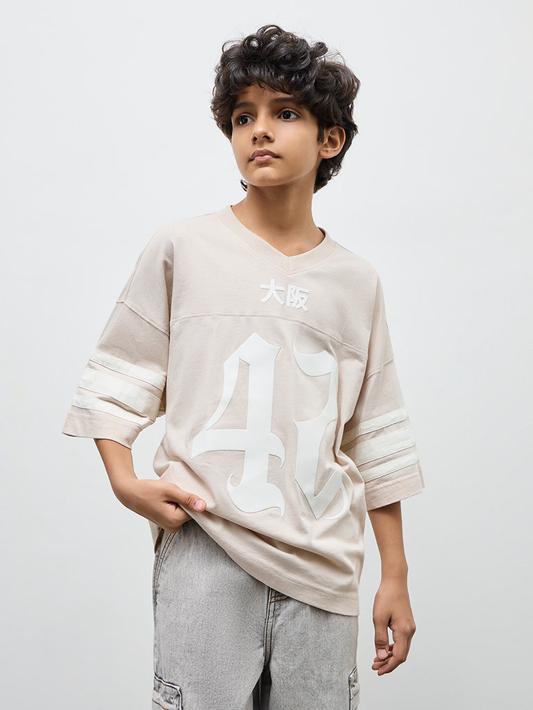 Y&F Kids Boys Light Beige Numerical Printed Cotton T-Shirt