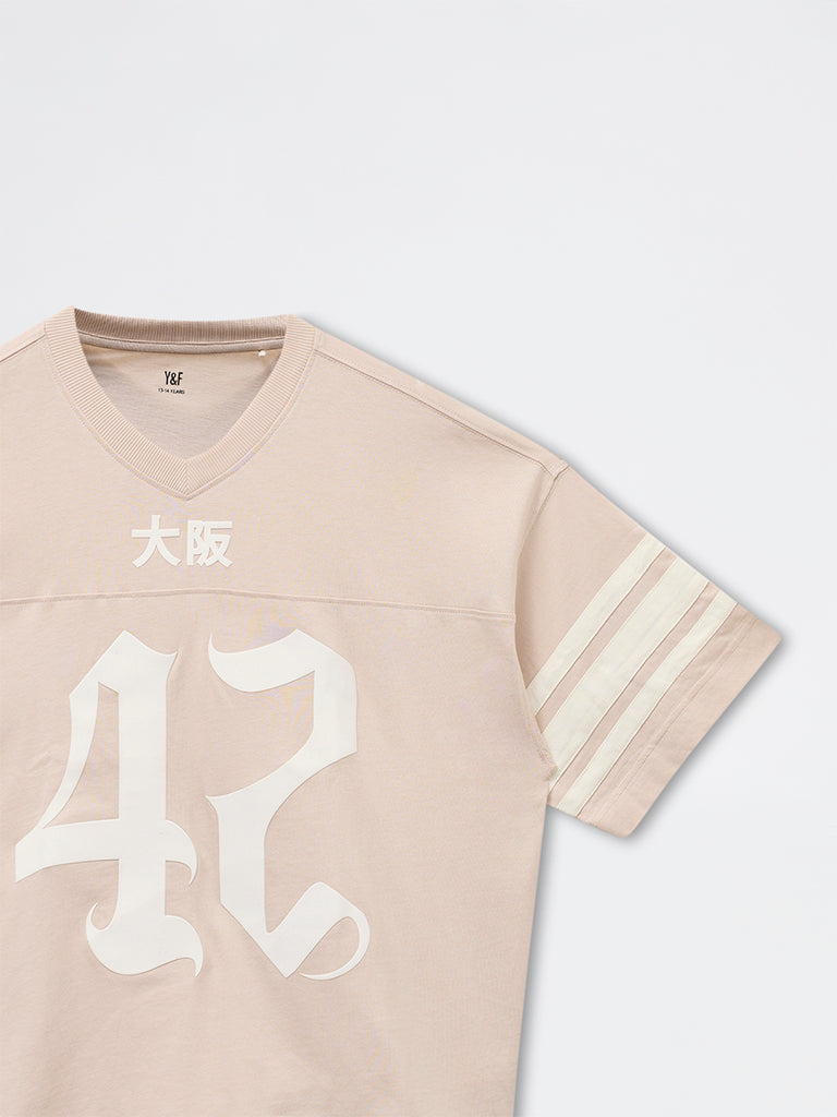 Y&F Kids Boys Light Beige Numerical Printed Cotton T-Shirt