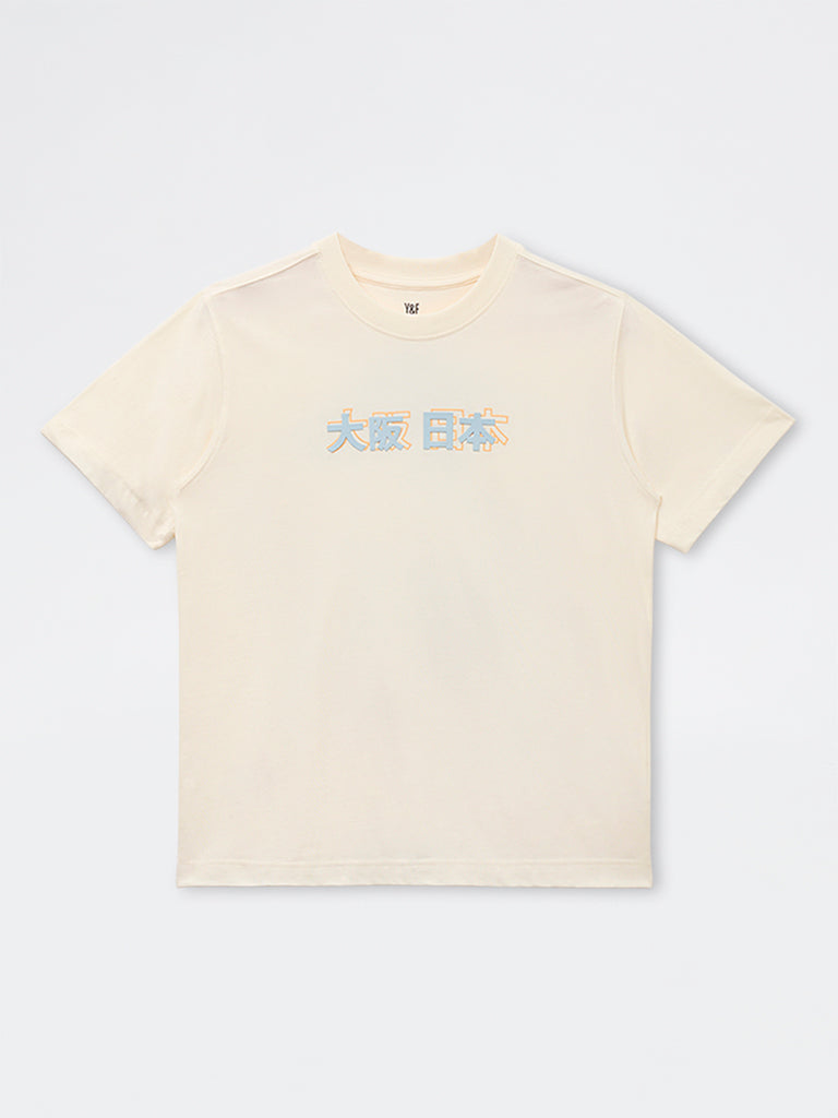 Y&F Kids Boys Off-White Japanese-Inspired Cotton T-Shirt