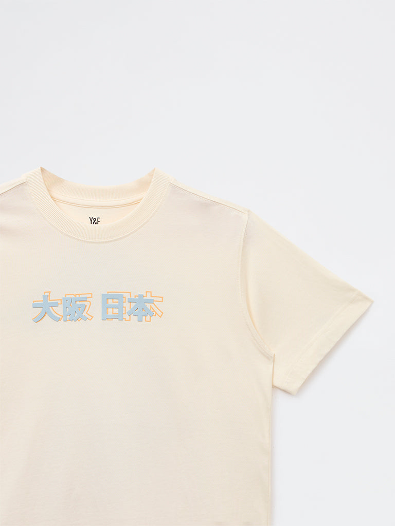 Y&F Kids Boys Off-White Japanese-Inspired Cotton T-Shirt
