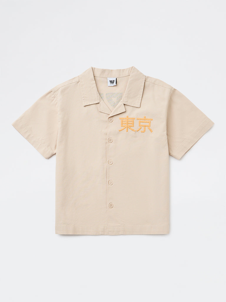 Y&F Kids Boys Beige Graphic Printed Cotton Shirt