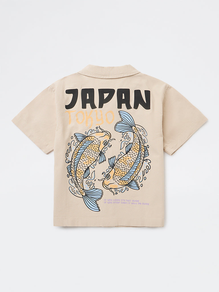 Y&F Kids Boys Beige Graphic Printed Cotton Shirt