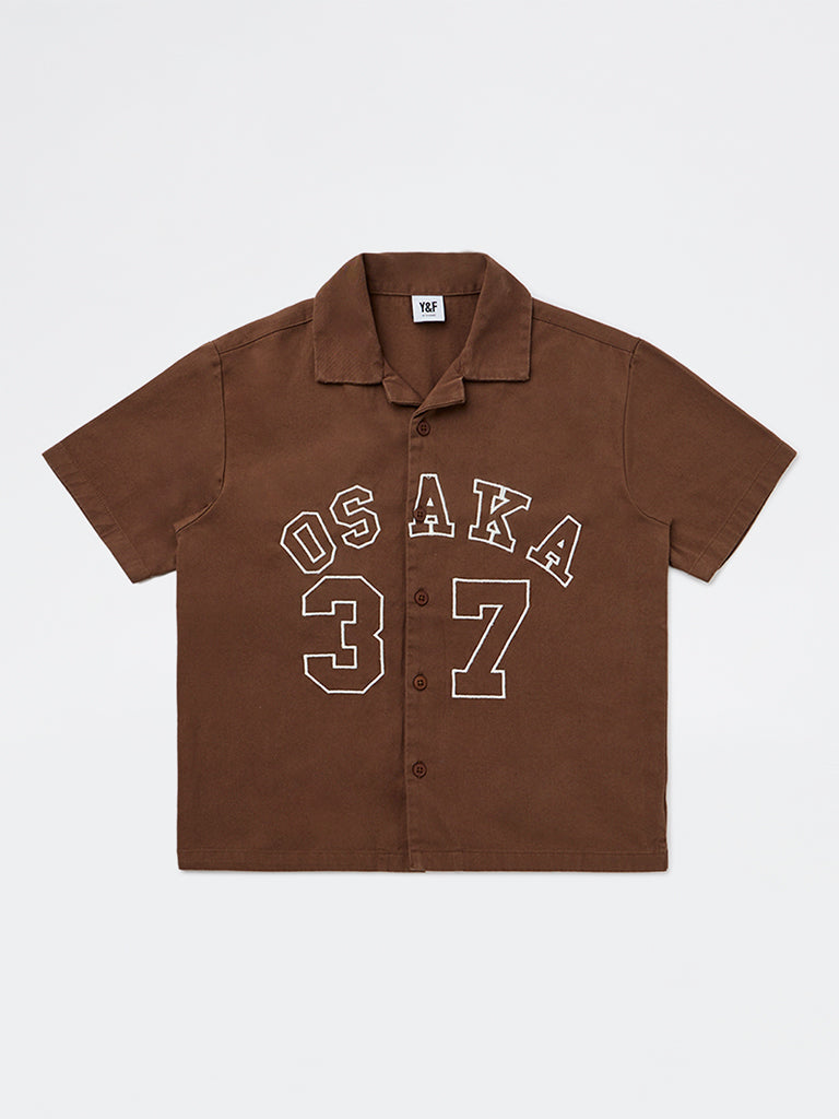 Y&F Kids Boys Brown Text-Design Cotton Shirt