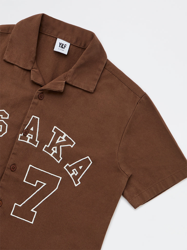 Y&F Kids Boys Brown Text-Design Cotton Shirt