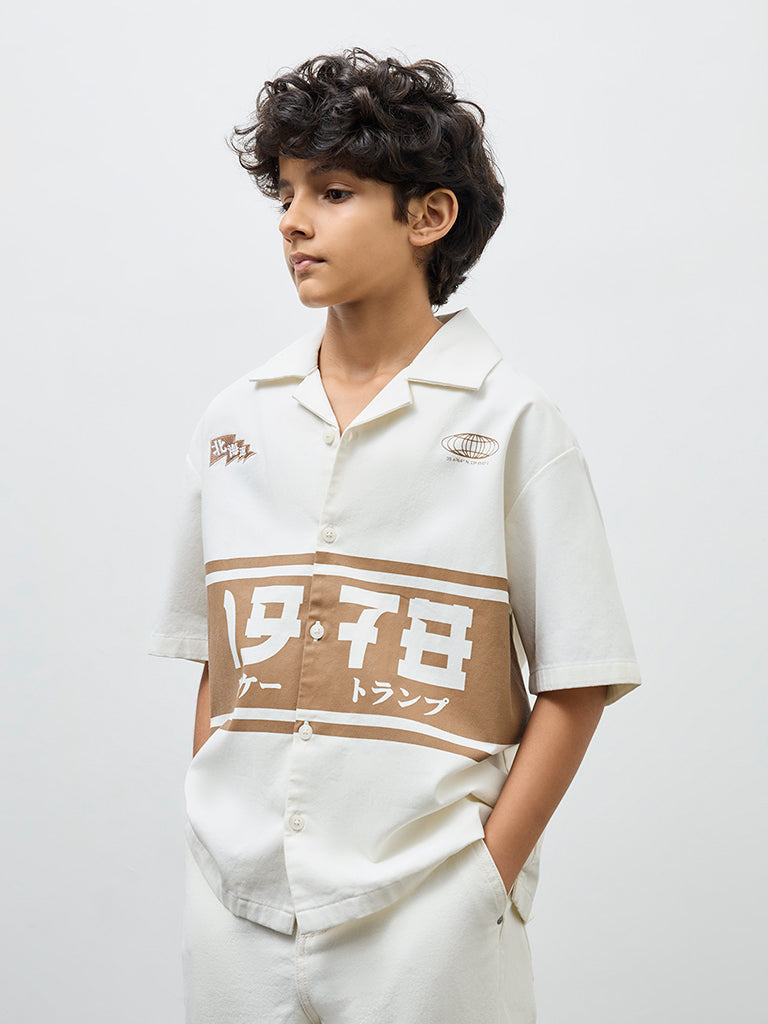 Y&F Kids Boys Off-White Japanese-Inspired Cotton-Blend Shirt