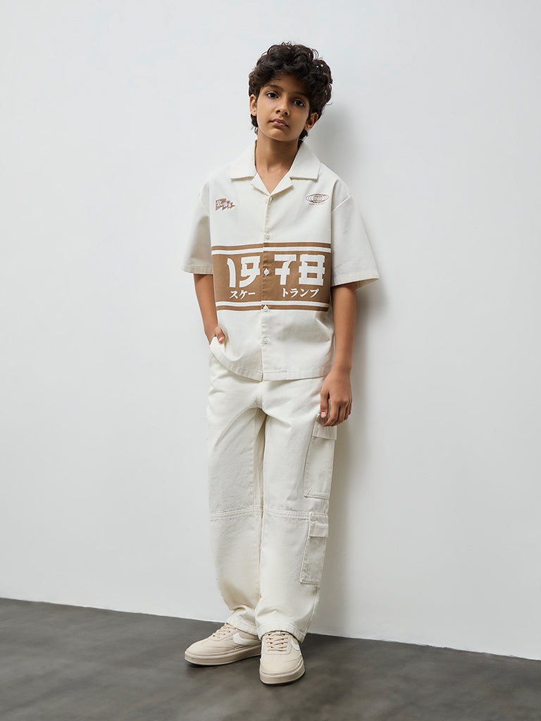 Y&F Kids Boys Off-White Japanese-Inspired Cotton-Blend Shirt
