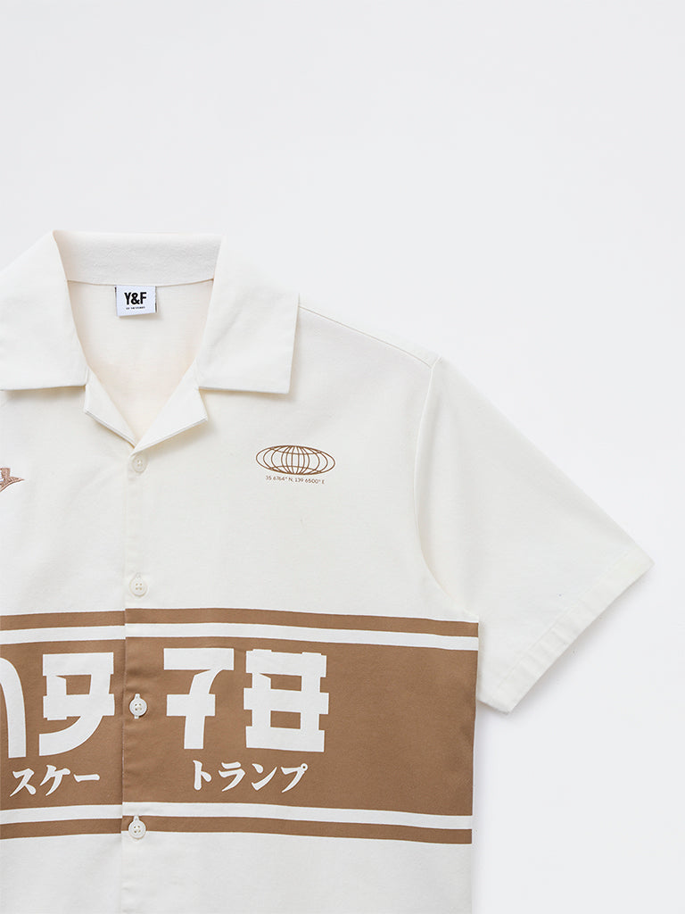 Y&F Kids Boys Off-White Japanese-Inspired Cotton-Blend Shirt