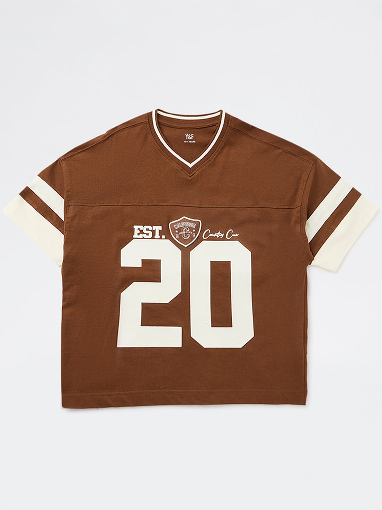 Y&F Kids Boys Brown Numerical Printed Cotton T-Shirt